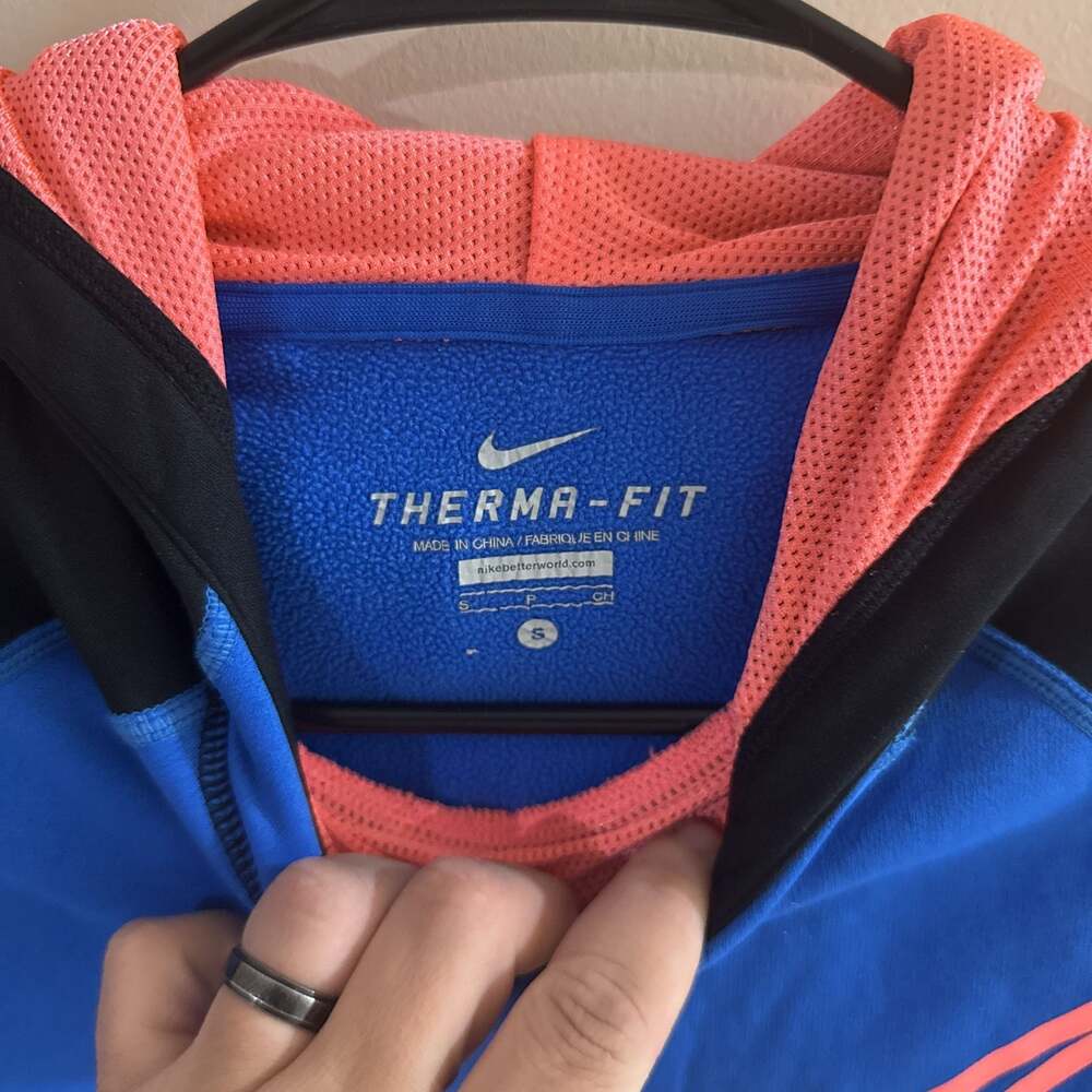 Nike Therma-FIT Blue & Black Pullover Hoodie with Orange Swoosh, Girls' S - Picture 3 of 5
